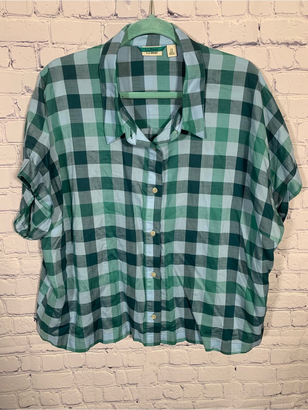 L.L.Bean Womens Mountainside Checkered Shirt Blue Green Sz 2X Button Down Casual